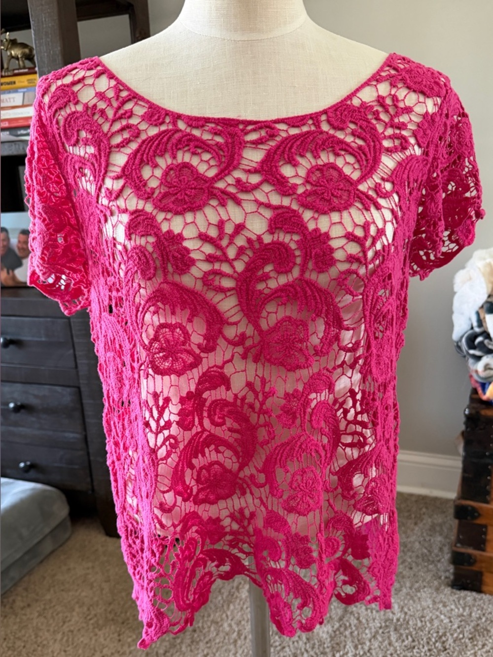 Lauren Conrad Pink Crochet Overlay Blouse -Large